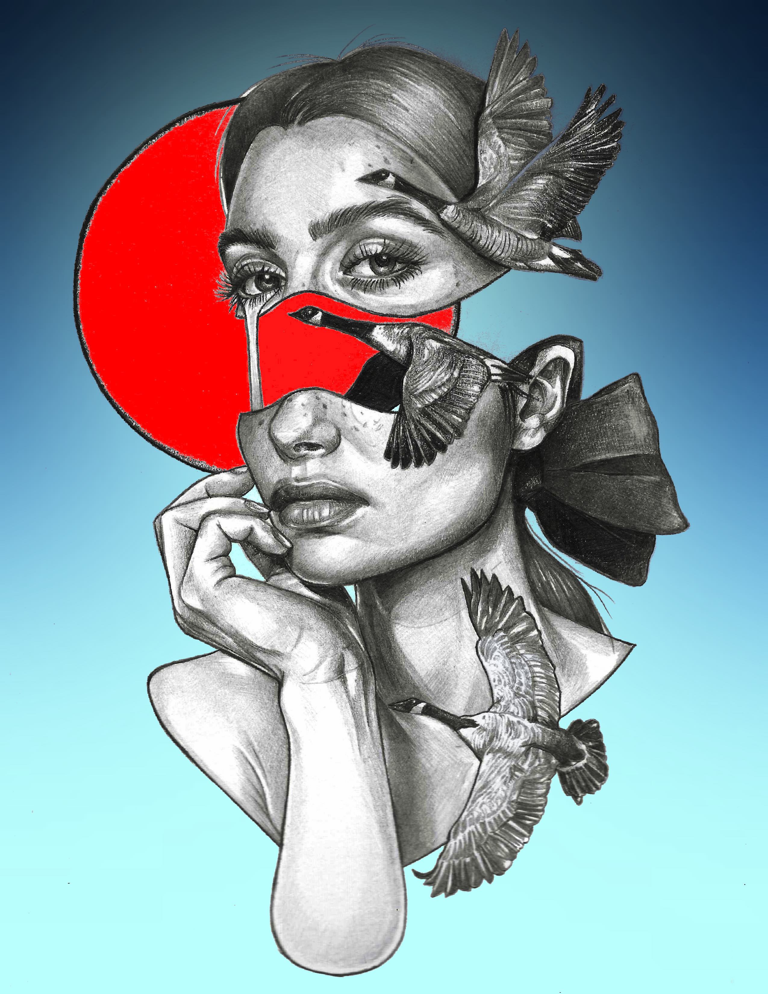 Issue #61 Frontispiece, split face, tear, left-flying geese